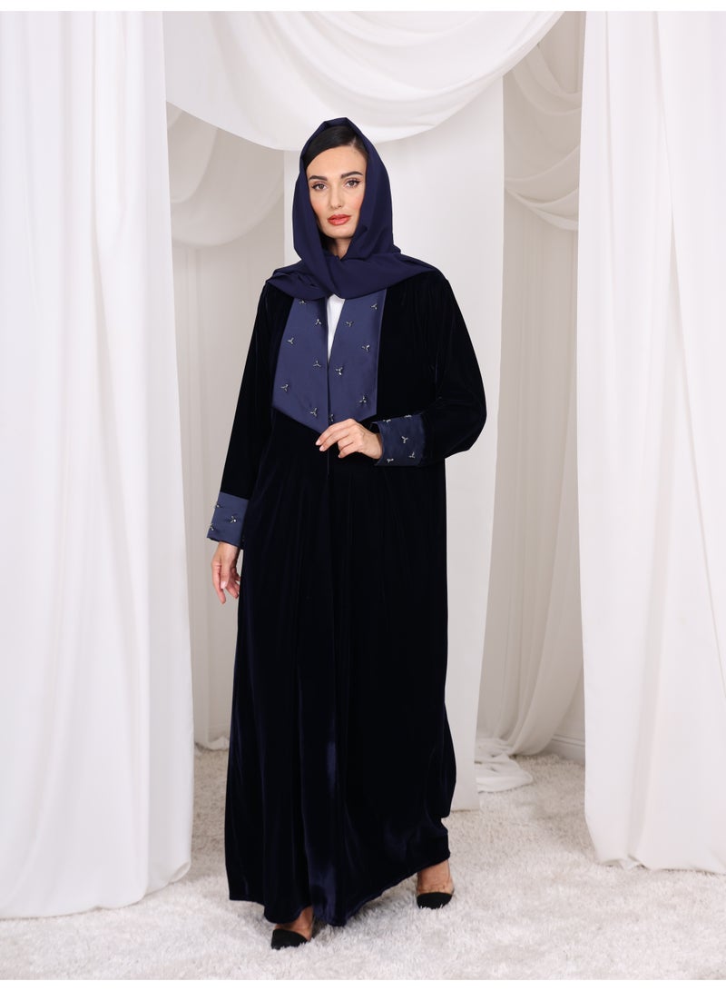 Royal Vision Navy Blue Velvet Embellished Abaya with Matching Scarf - Image 2